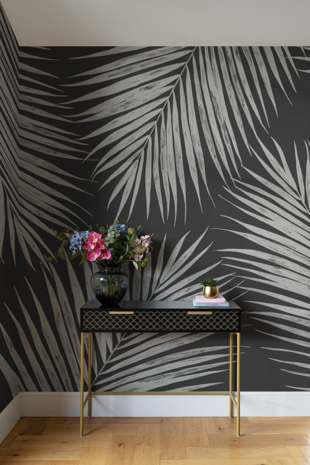 Black and White Illustrated Tropical Palm Leaf Wallpaper Mural