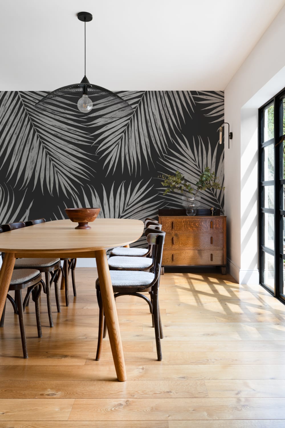 Black and White Illustrated Tropical Palm Leaf Wallpaper Mural