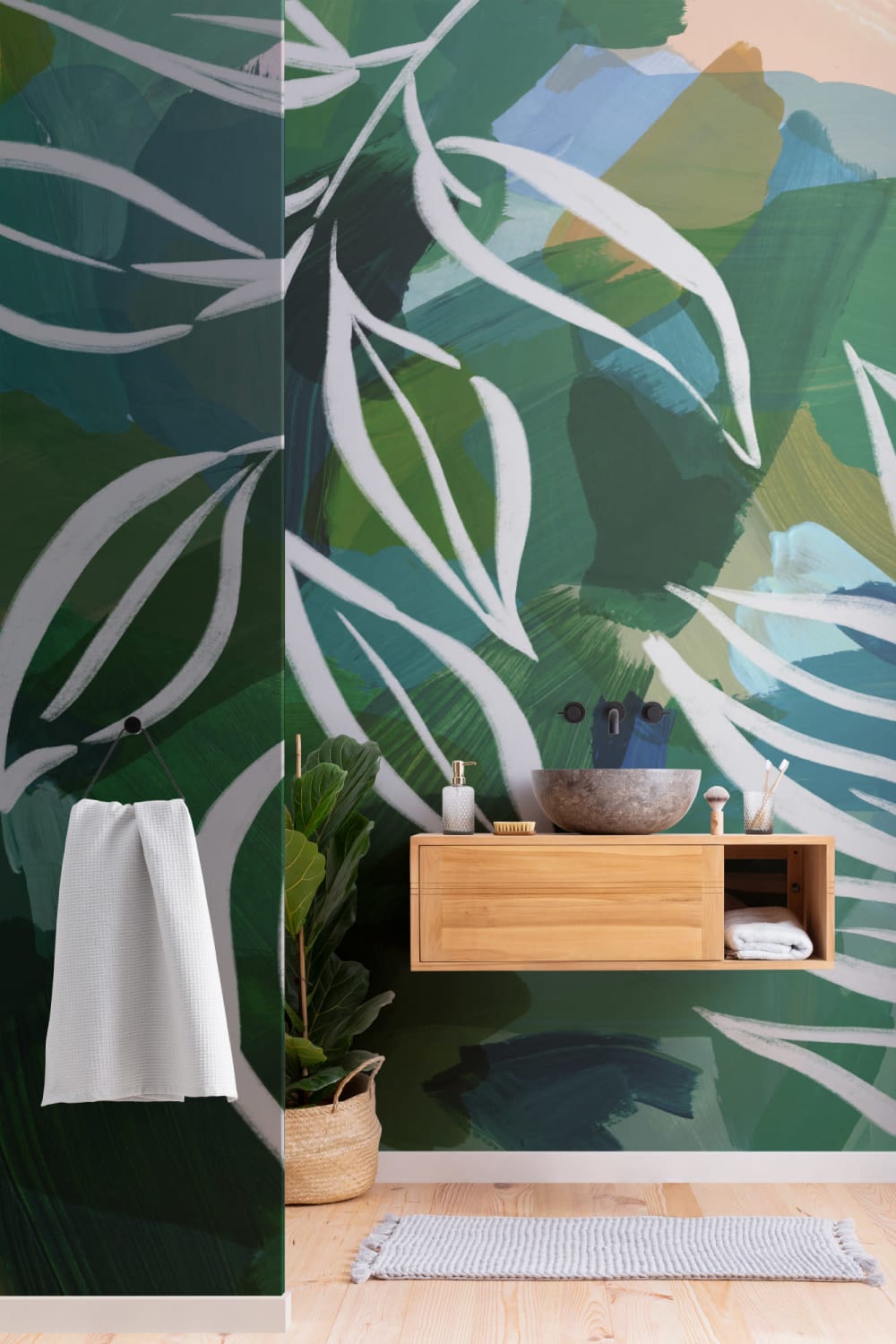 Blauw en Groen Abstract Botanische Muurschildering