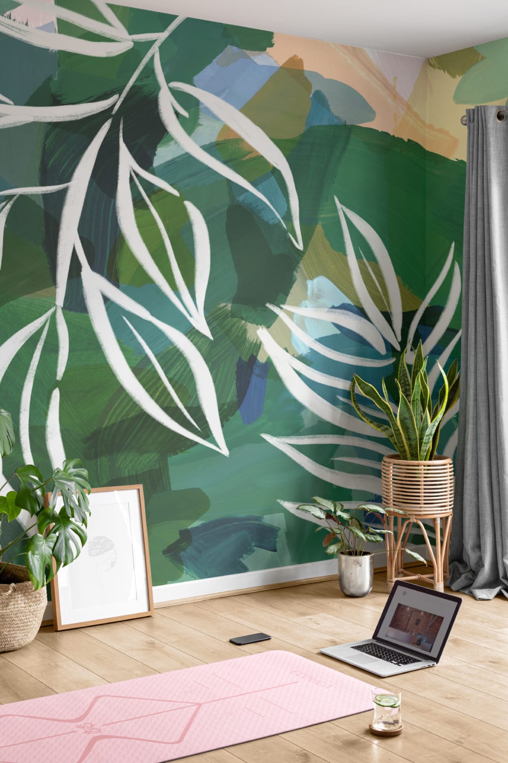 Blauw en Groen Abstract Botanische Muurschildering