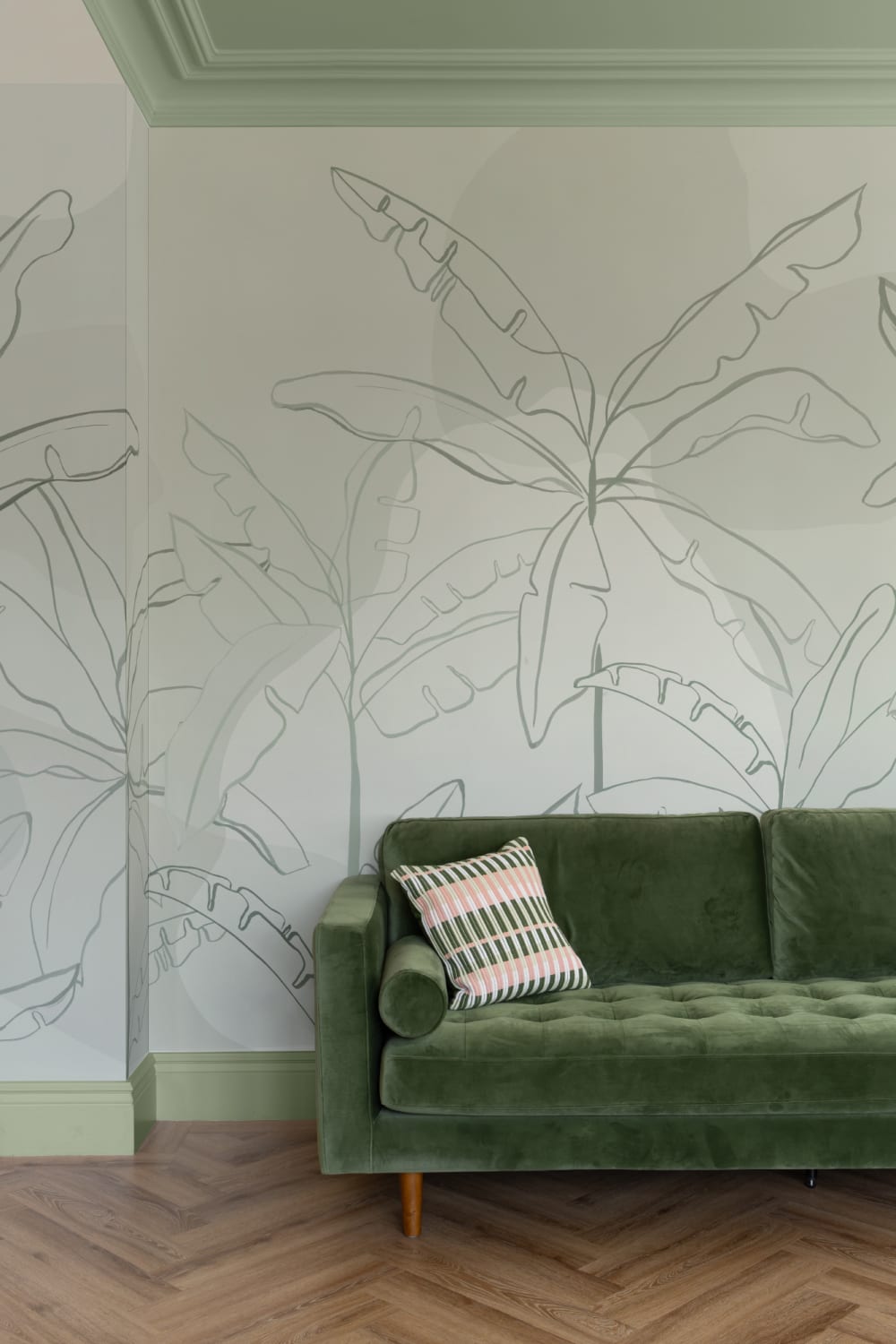 Green Tropical Wall Mural with Inky Banana Leaf Illustration