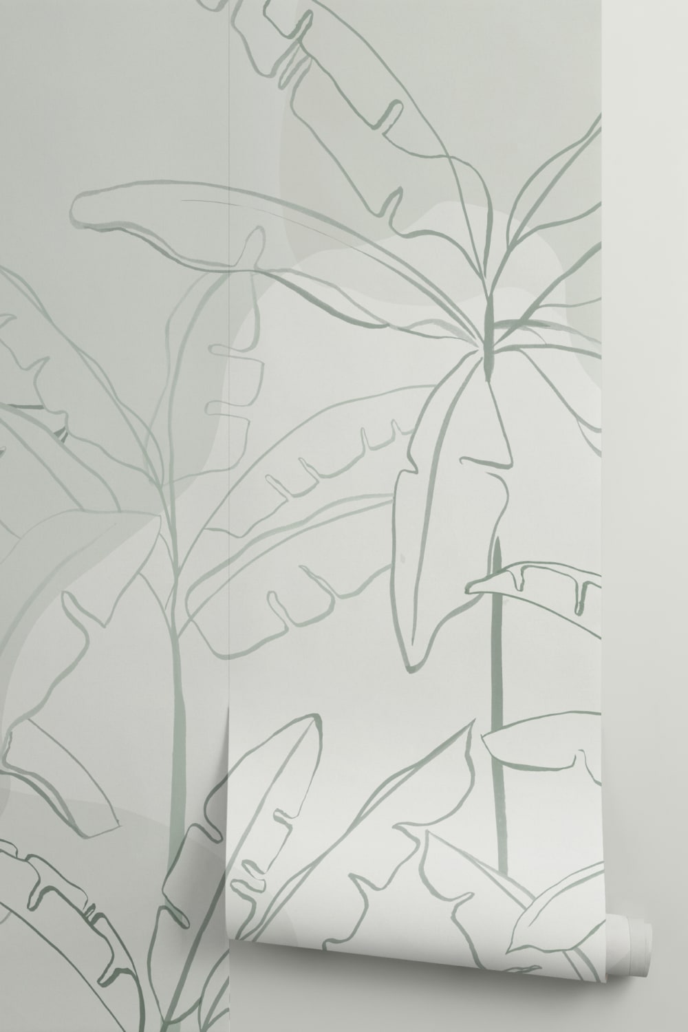 Green Tropical Wall Mural with Inky Banana Leaf Illustration
