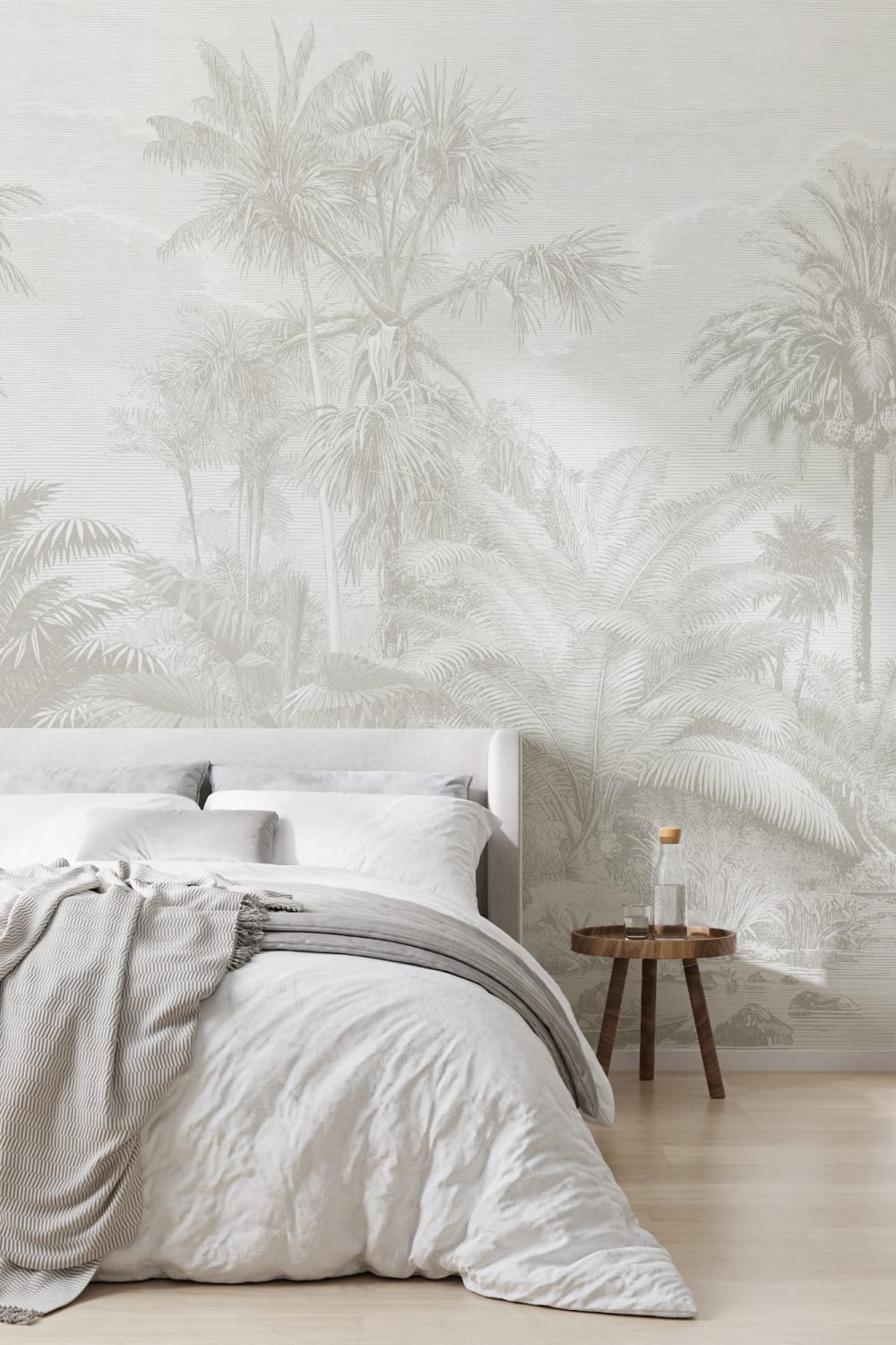 Lacandon Grey Wall Mural Tropical Palm Forest with Vintage Etching Detail