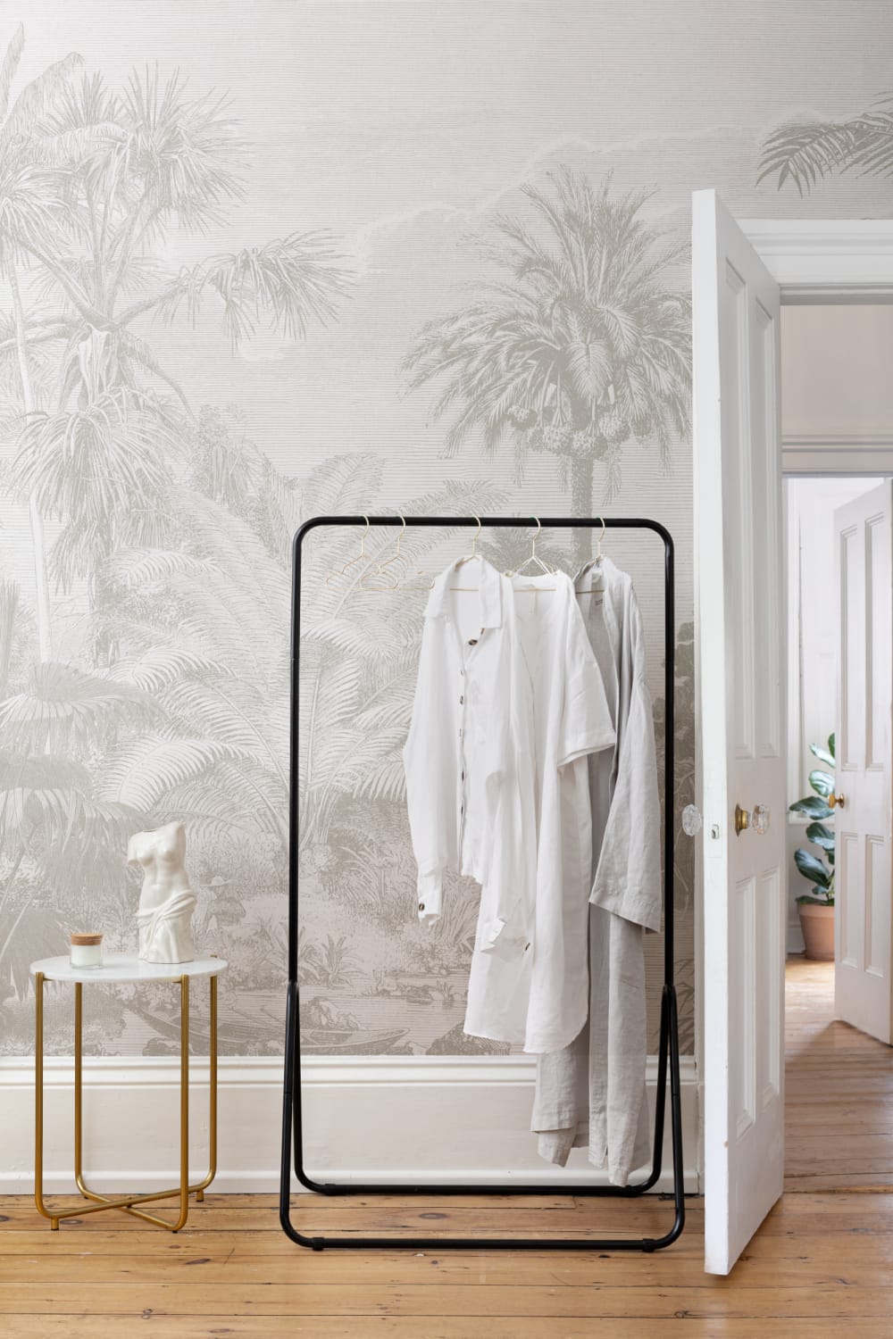 Lacandon Grey Wall Mural Tropical Palm Forest with Vintage Etching Detail