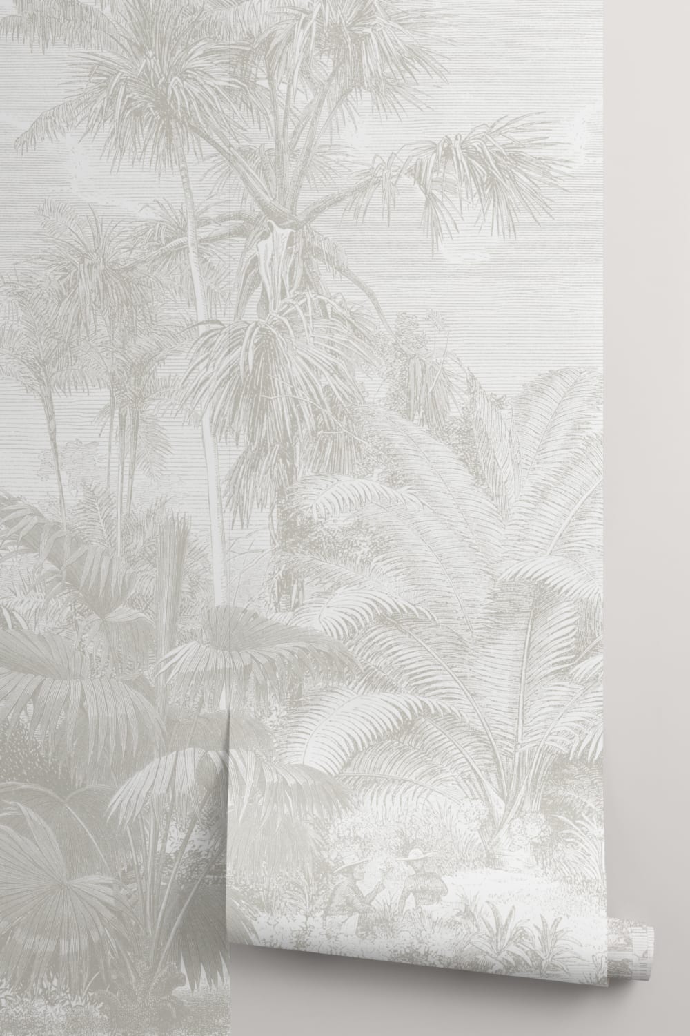 Lacandon Grey Wall Mural Tropical Palm Forest with Vintage Etching Detail