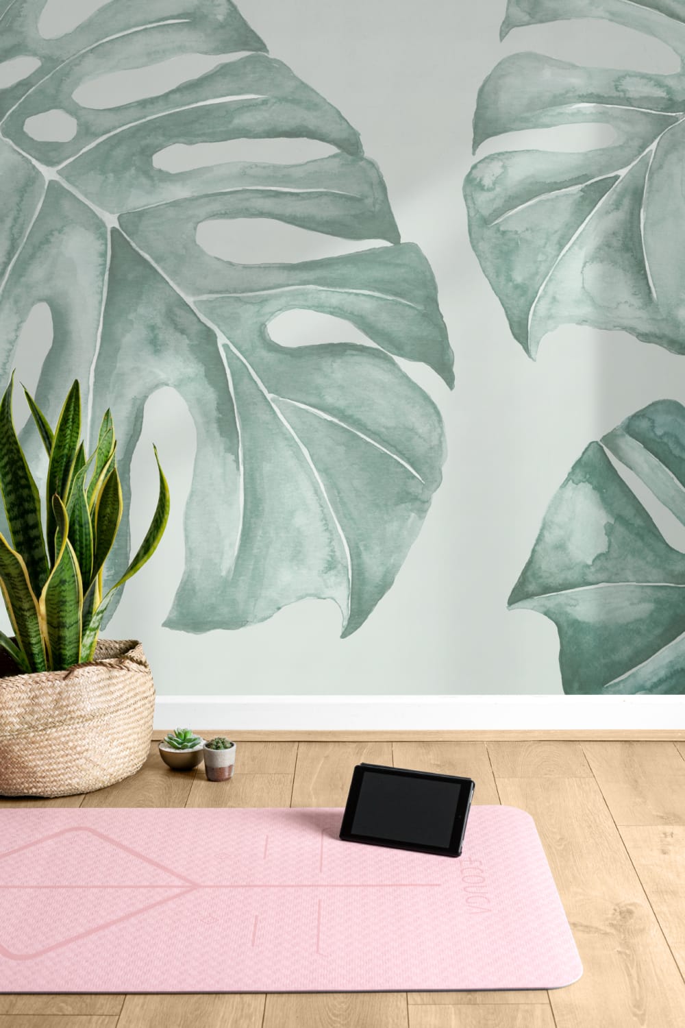 Green Watercolor Monstera Leaf Mural