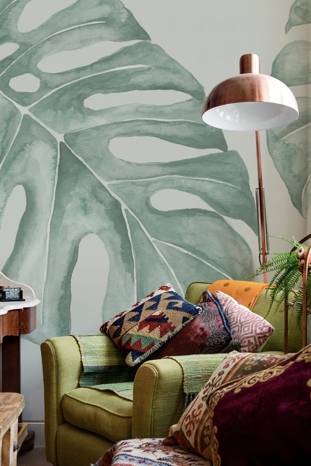 Green Watercolor Monstera Leaf Mural