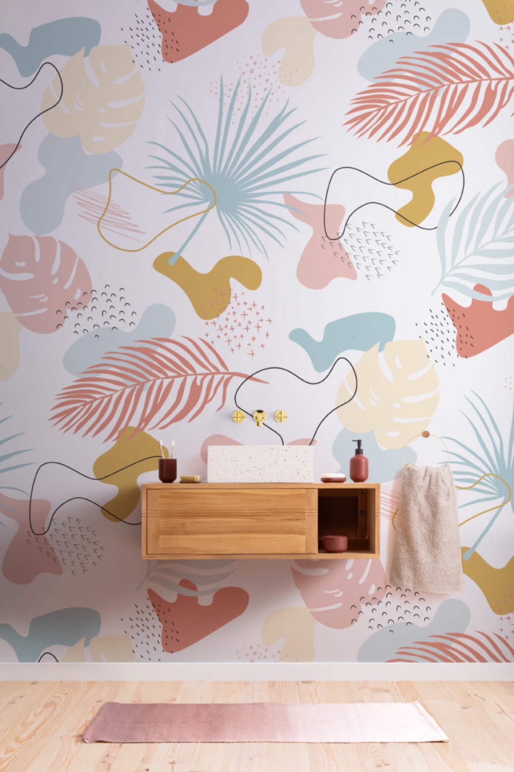Modern Pastel Tropical Leaf Collage Pattern Wallpaper Mural