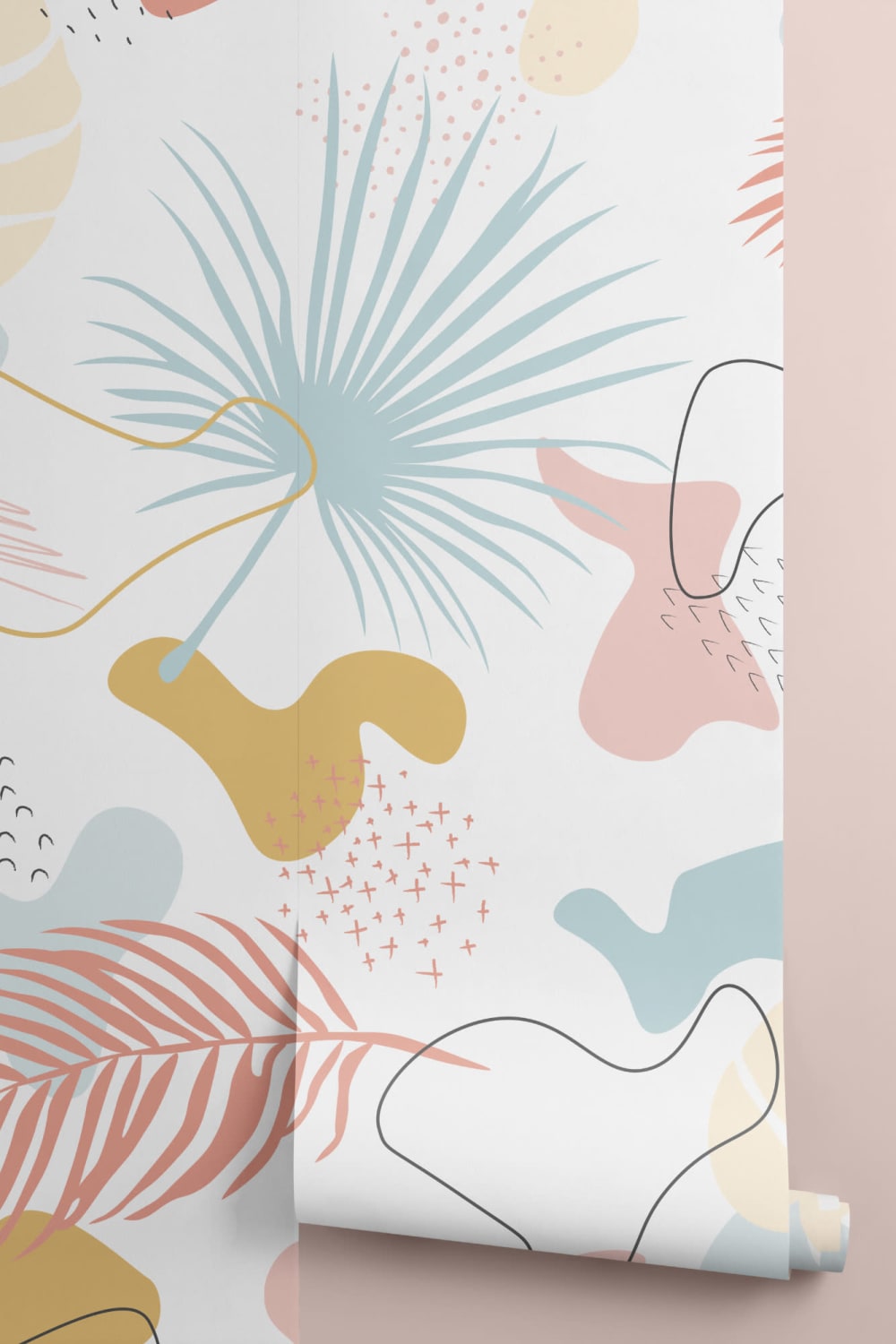 Modern Pastel Tropical Leaf Collage Pattern Wallpaper Mural