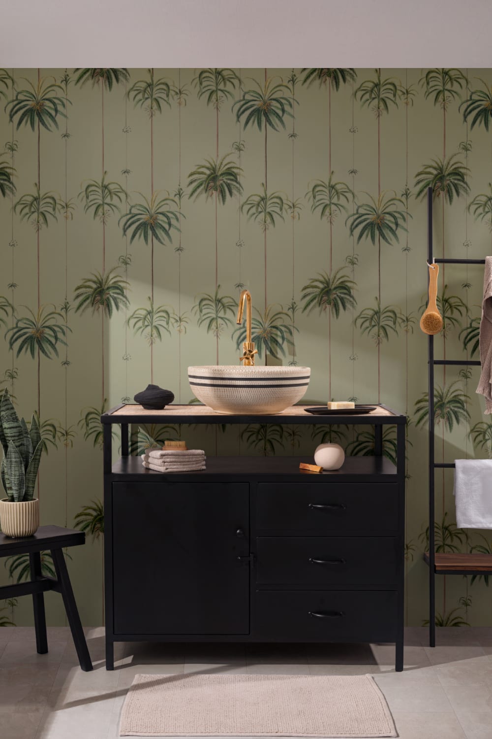 Sage Striped Tropical Palms Wallpaper