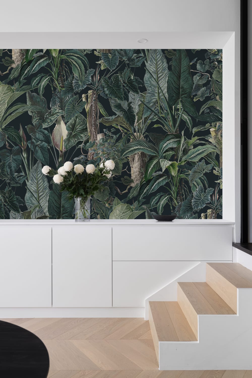 Dark Tropical Illustrated Leafy Plants Mural