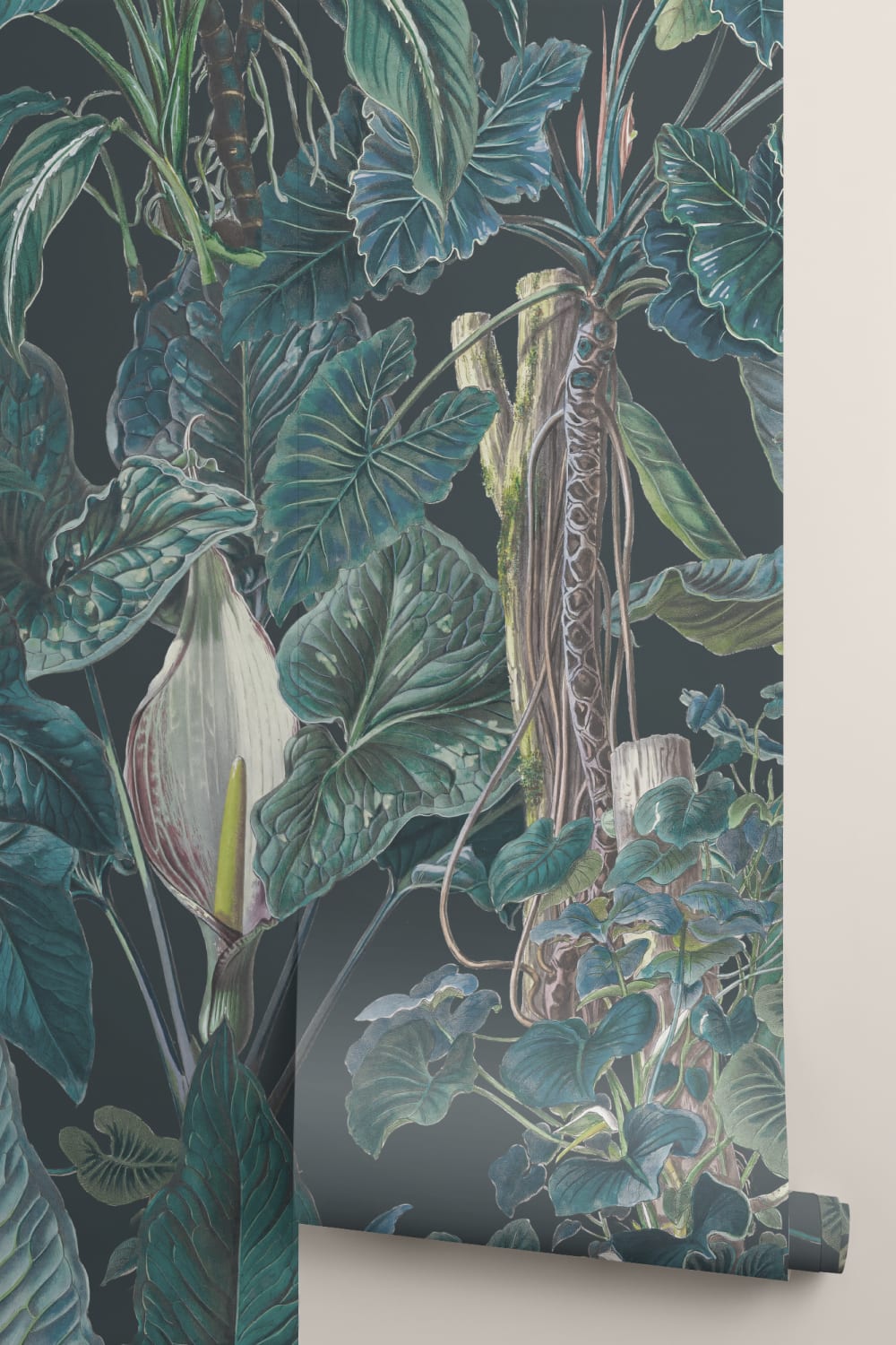 Dark Tropical Illustrated Leafy Plants Mural