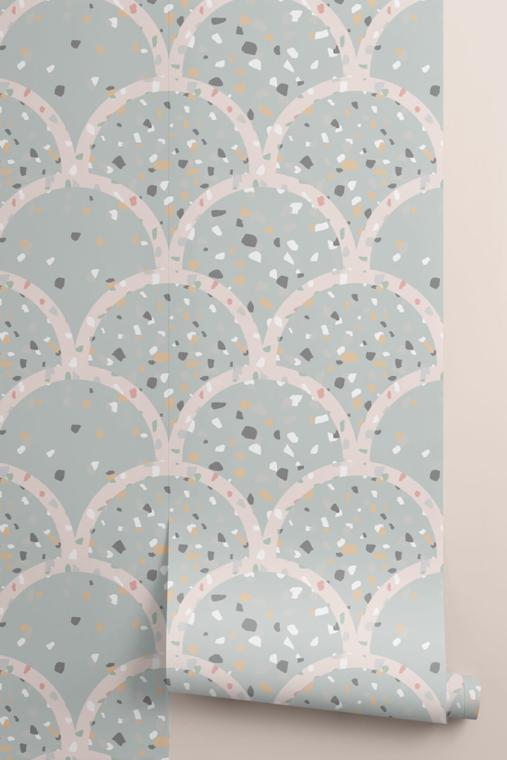 Sage Green Terrazzo Scallop Pattern Wallpaper Mural