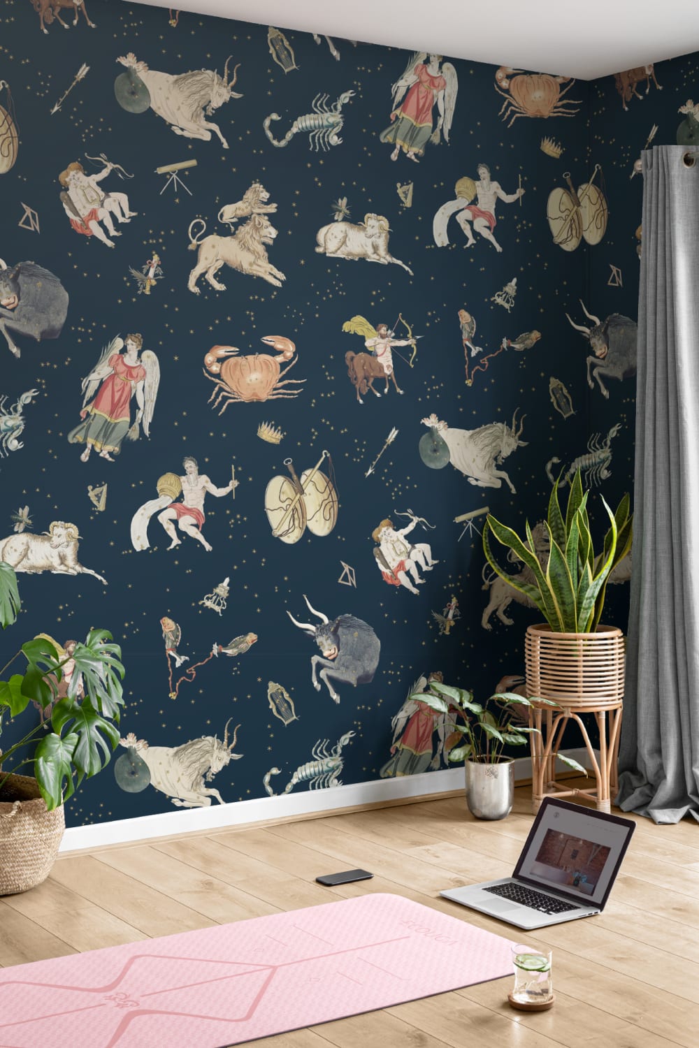 Marinblå illustrerad astrologisk stjärntecken mural-tapeter