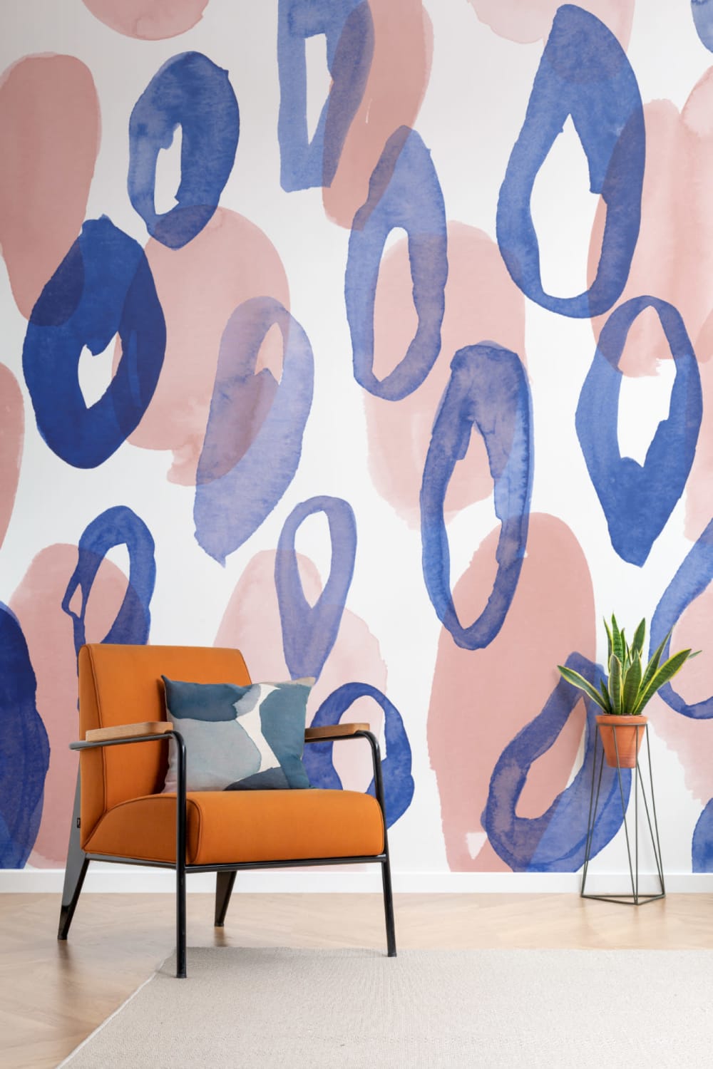 Mural Papel Pintado Acuarela Azul y Melocotón con Manchas de Leopardo