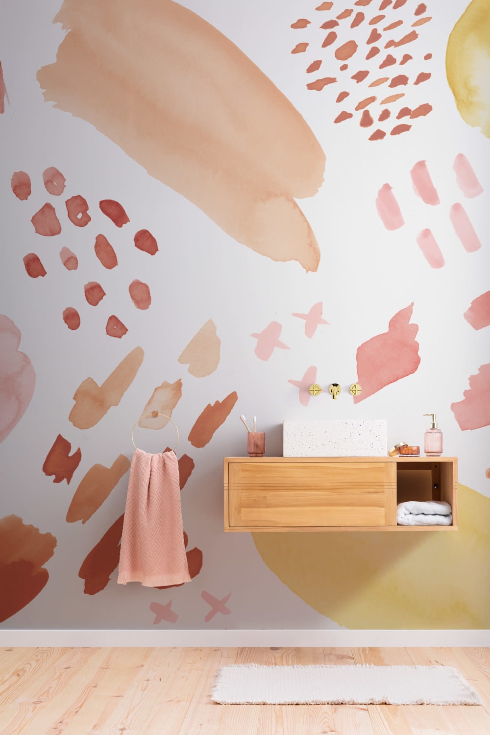 Peach & Orange Abstract Watercolor Brush Marks Wallpaper Mural