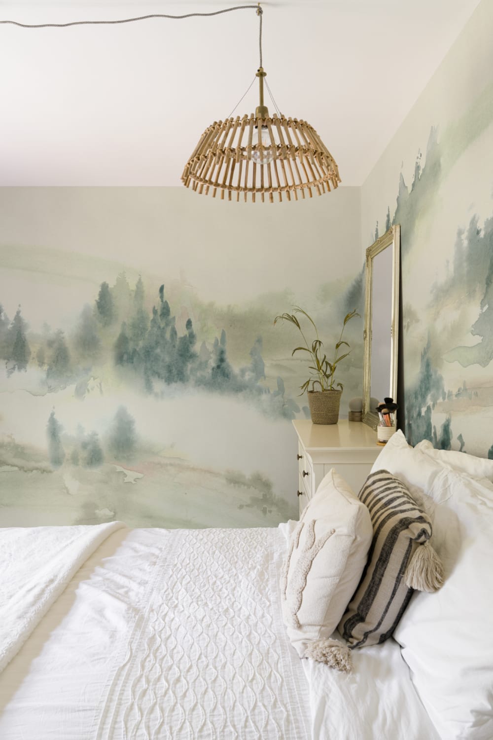 Green Serene Landscape Watercolor Mural For Tranquil Spaces