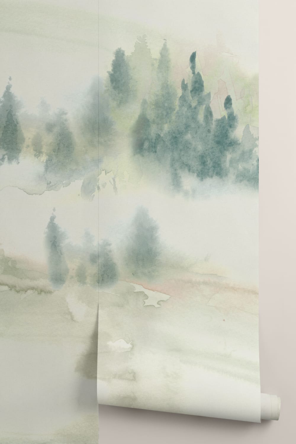 Green Serene Landscape Watercolor Mural For Tranquil Spaces