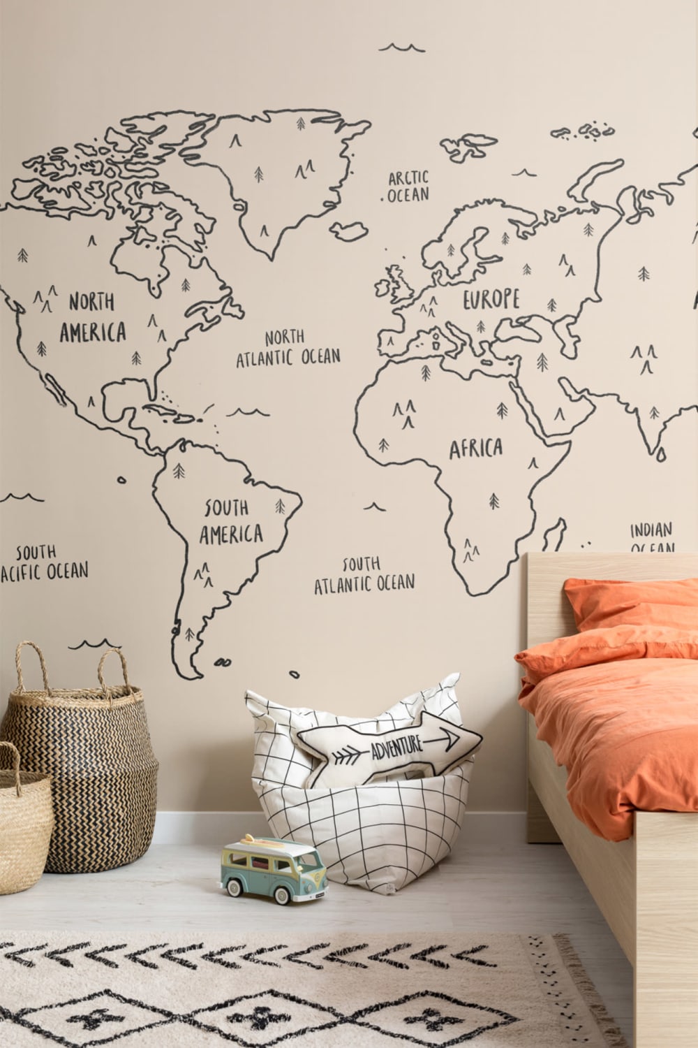 Neutral Illustrated Scandi World Map Wallpaper Mural