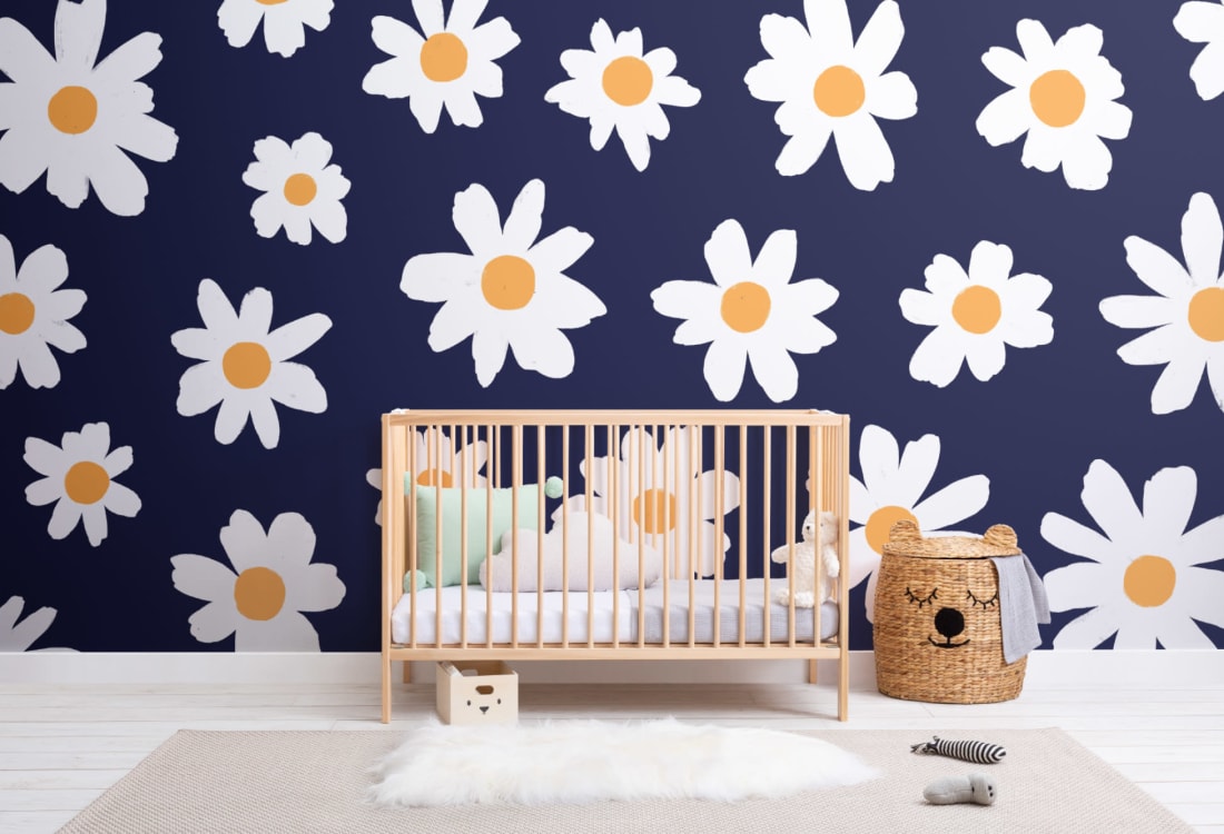 Blue & White Retro Daisy Floral Wallpaper Mural - Hovia