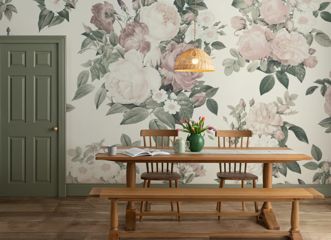 Cream & Pink Vintage Rose Floral Wallpaper Mural - Hovia