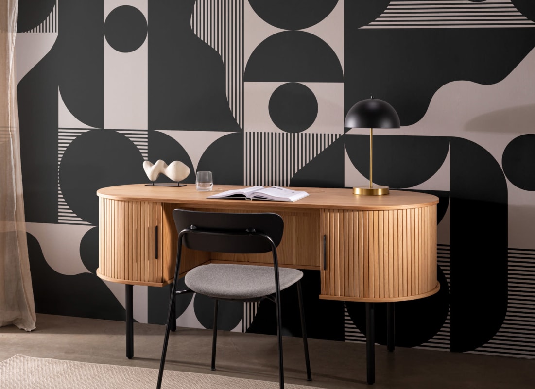 Zwarte En Beige Abstracte Geometrische Muurschildering - Hovia, image size:1101x801