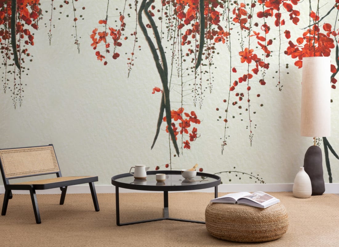 red and grey wallpaper living room