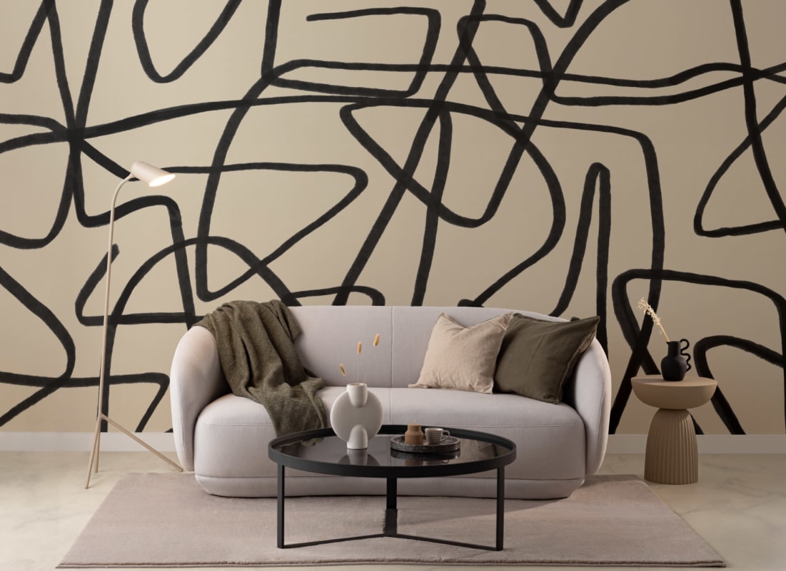 Zwart \u0026 Beige Abstract Doodle Behang Muurschildering - Hovia, image size:1101x801