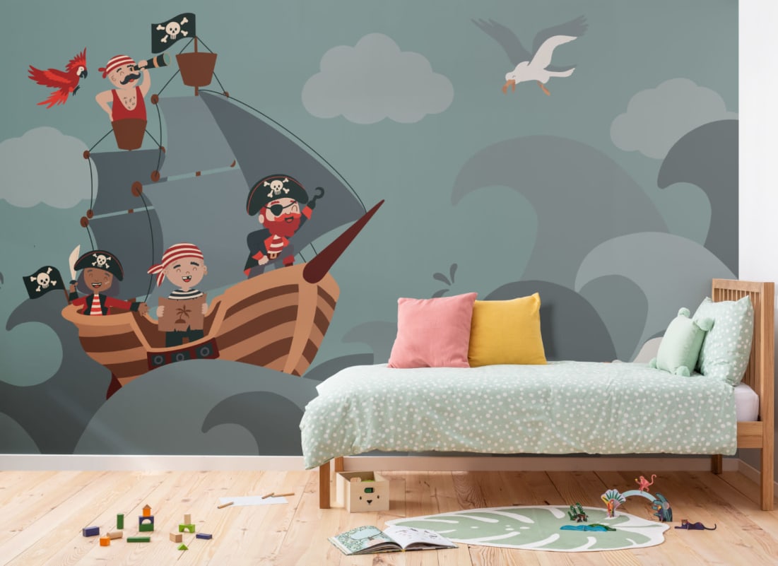 Kids Illustrated Cartoon Pirate Ship Wallpaper Mural - Hovia, image size:1101x801