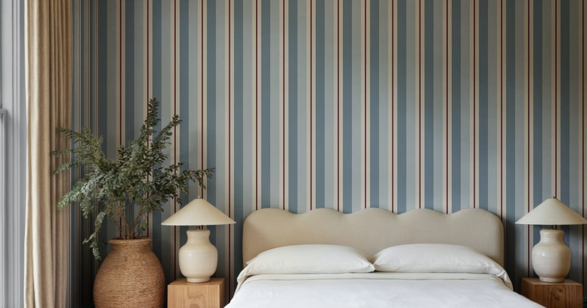 blue striped wallpaper bedroom