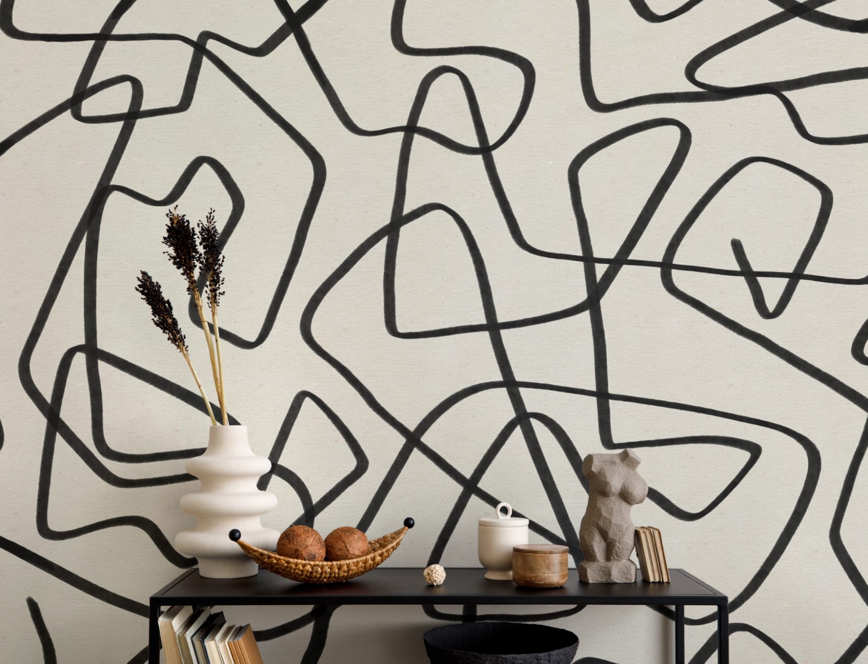 Black & Beige Abstract Doodle Wall Mural