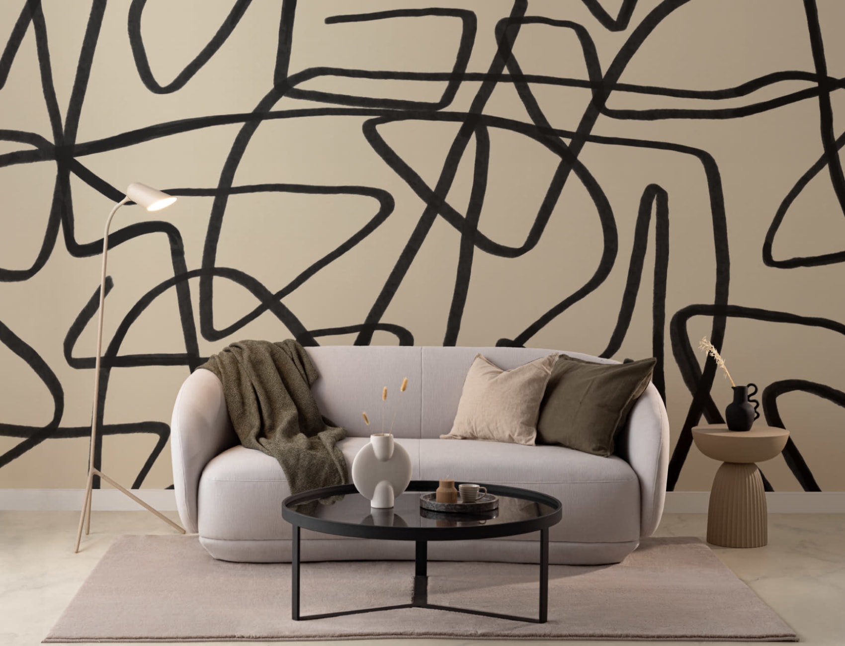 Bold Black & Beige Doodle Abstract Wallpaper Mural
