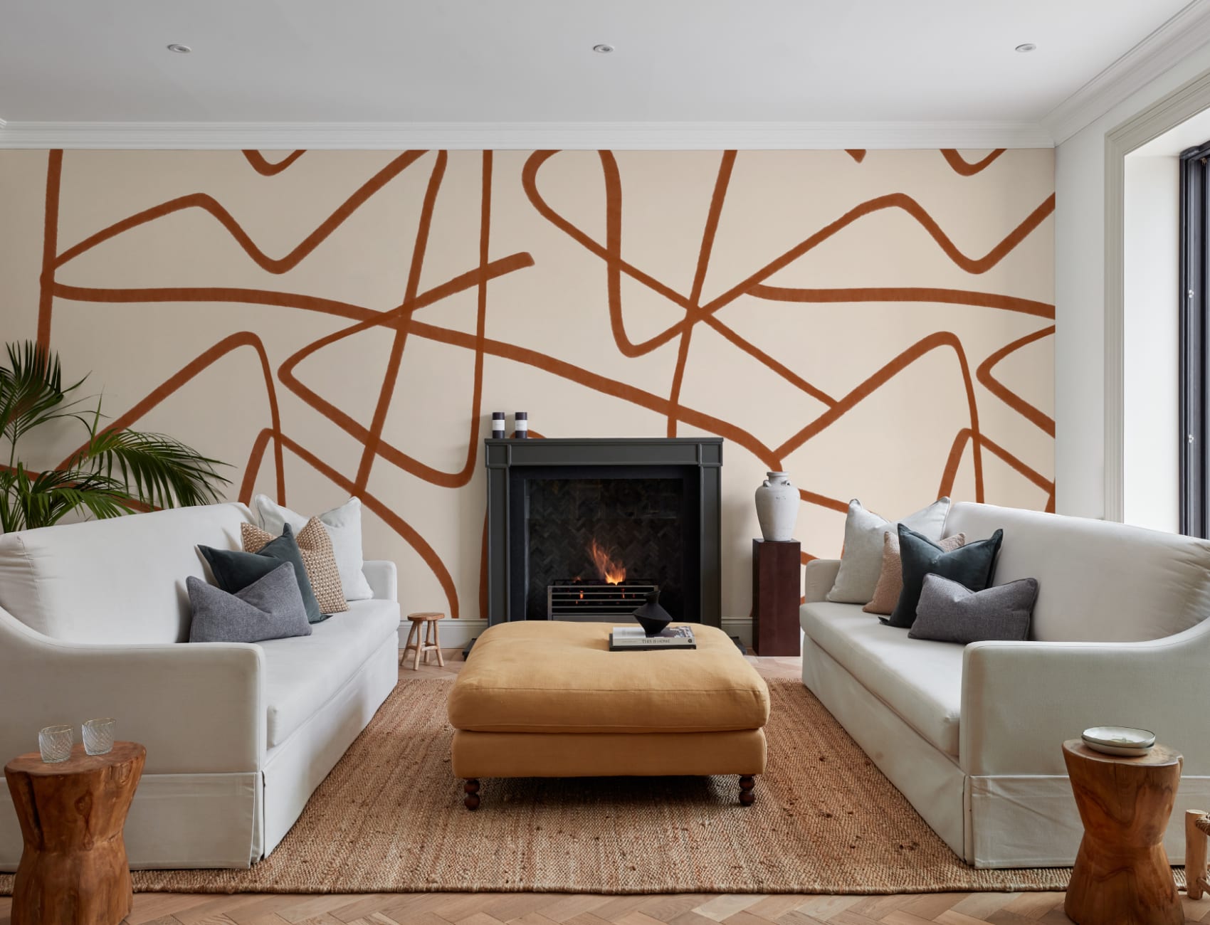 Terracotta & Bej Wavy Line Abstract Wallpaper Mural