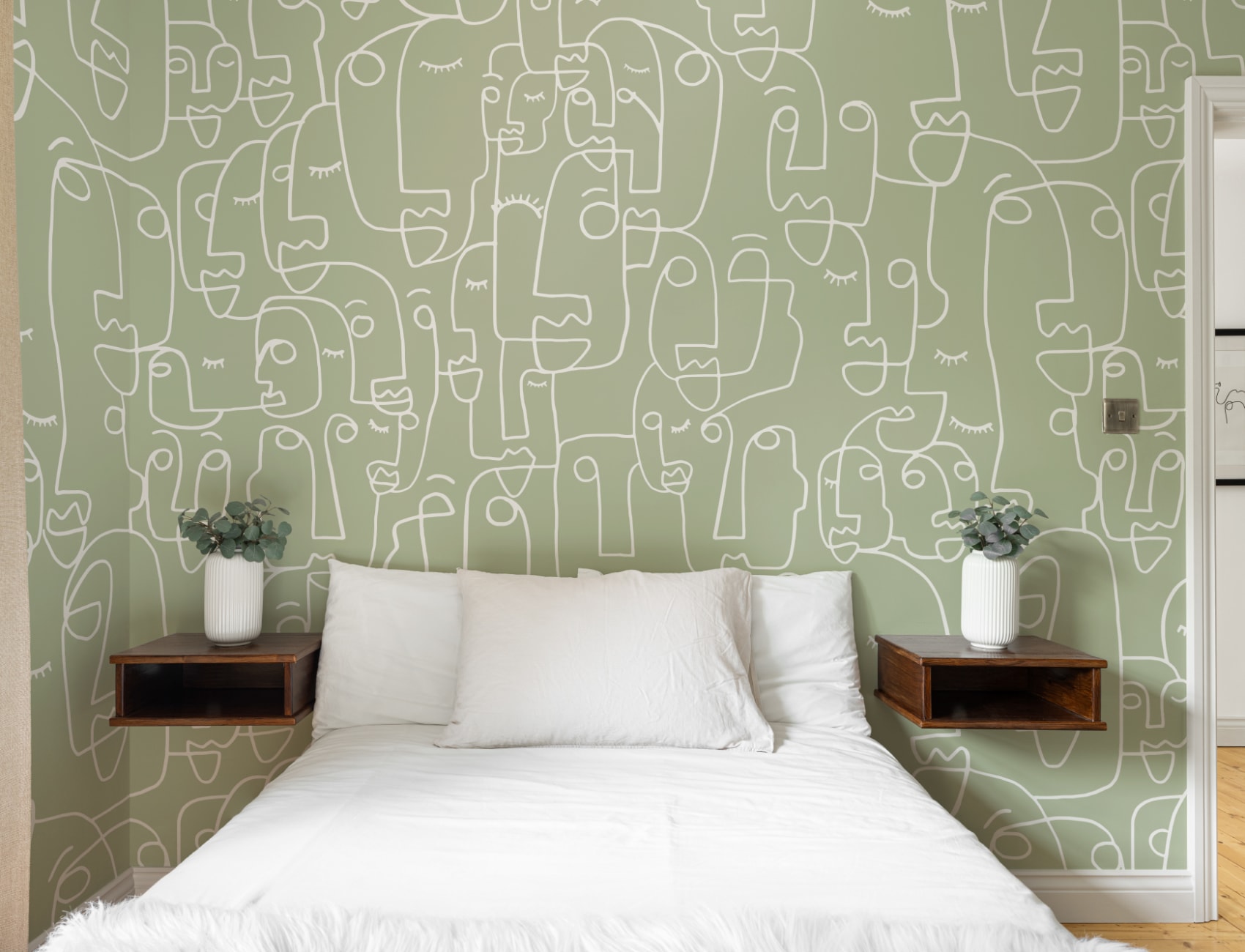 Mural Papel Pintado Perfiles de Caras Salvia y Blanco