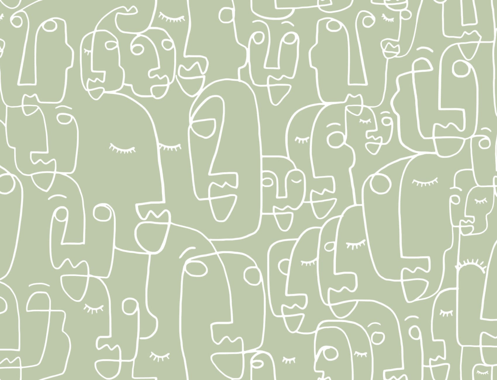 Mural Papel Pintado Perfiles de Caras Salvia y Blanco