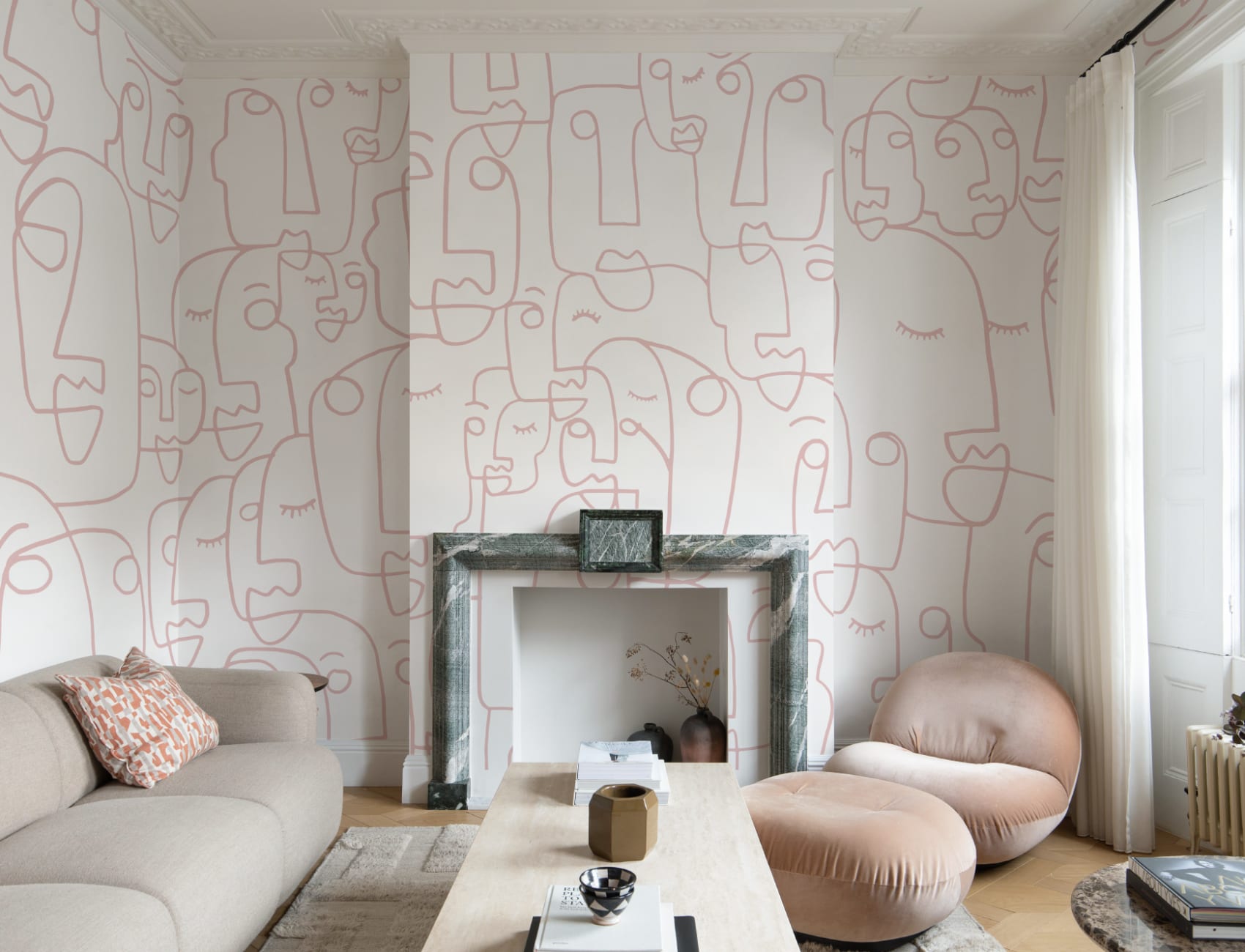 Large Dusty Pink Line Drawing Face Wallpaper Mural