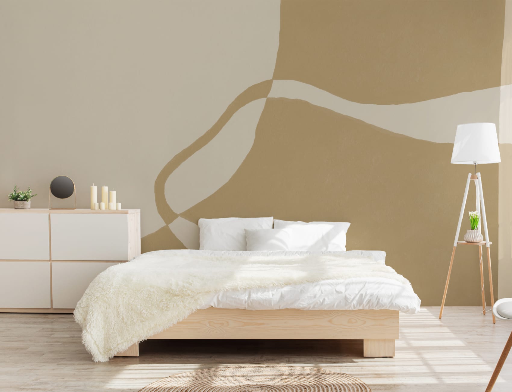 Modern mural-tapeter i böjda former i senap och beige toner