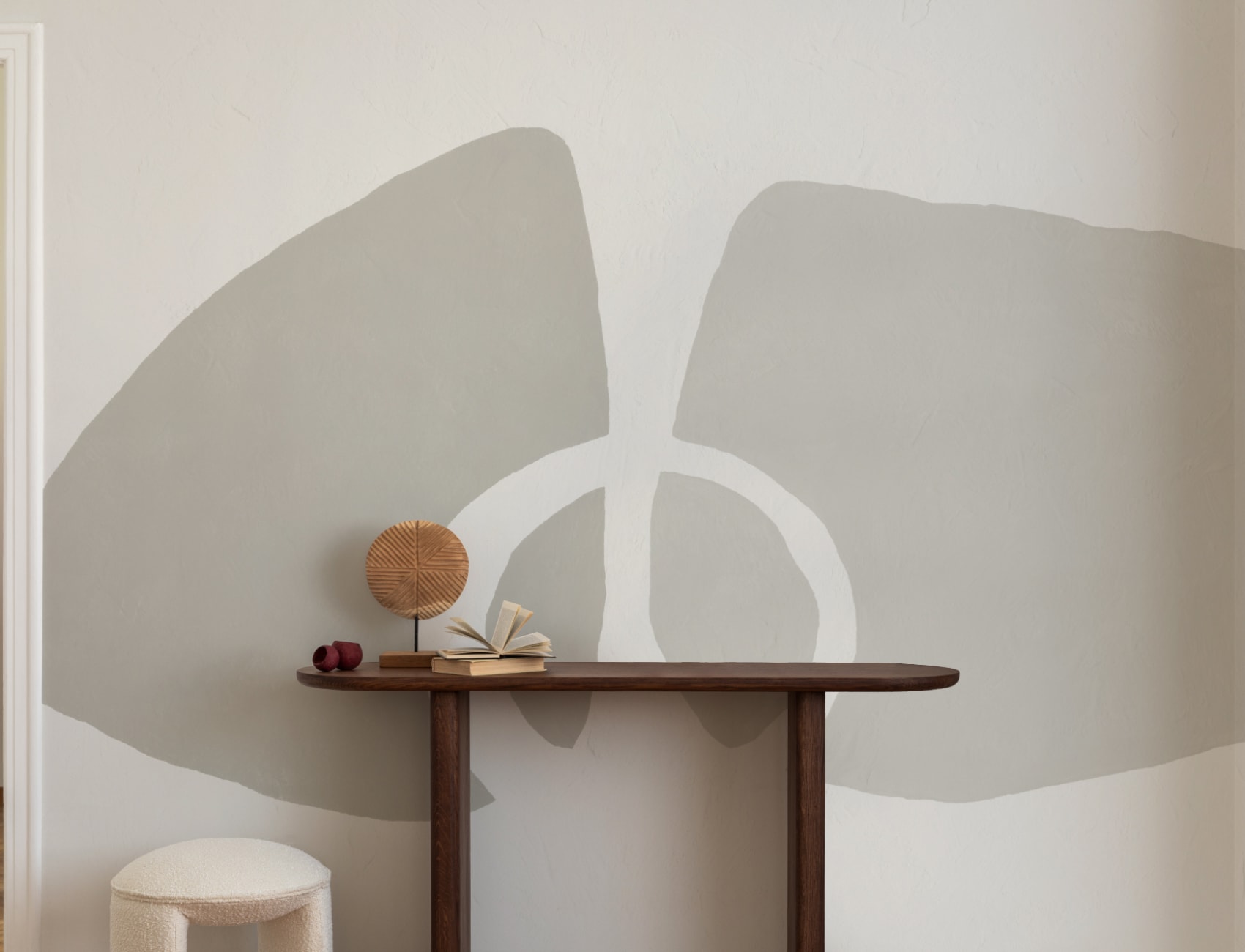 Hand-Painted Abstract Form Mural in Soft Beige with Plaster Texture