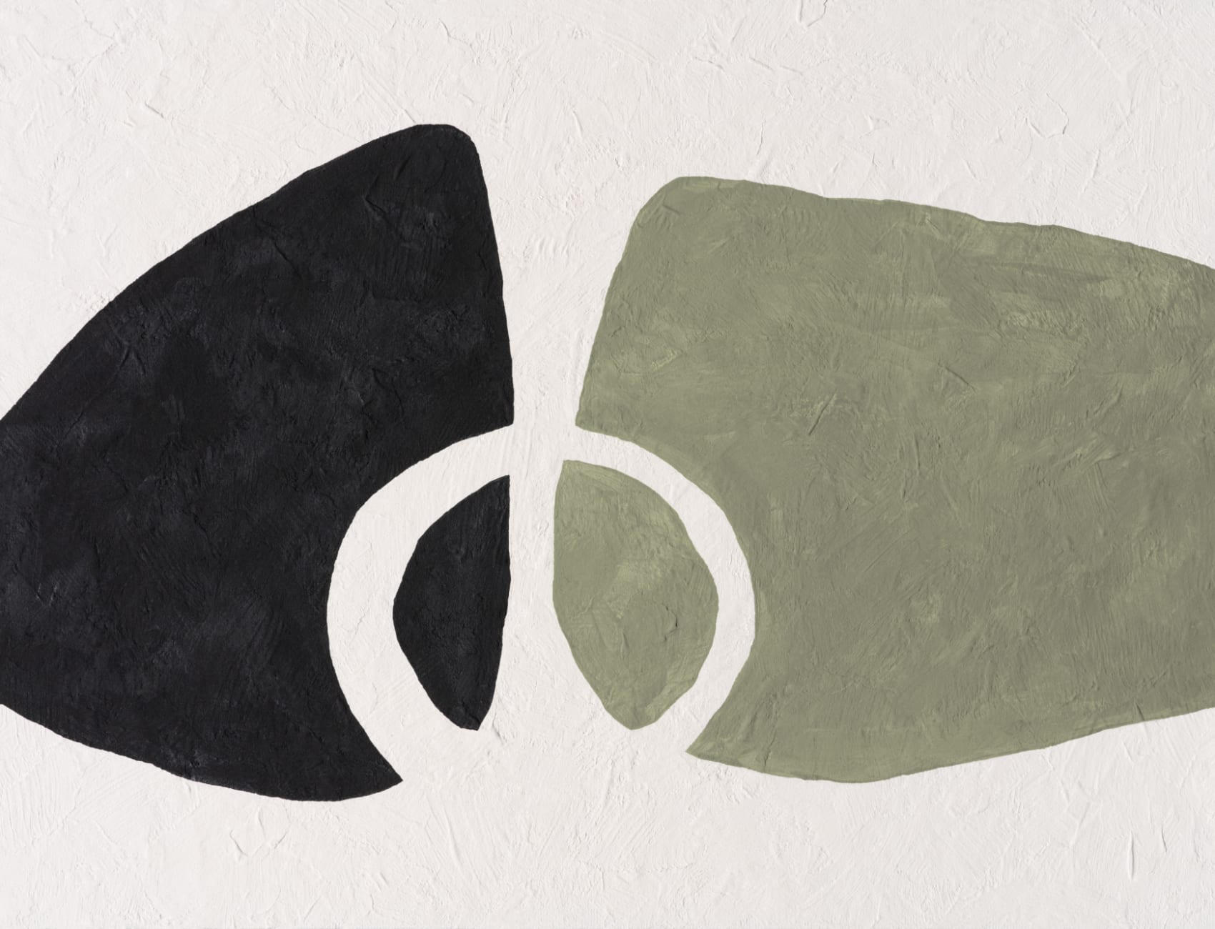 Hand-Painted Abstract Form Mural in Olive Green with Plaster Texture