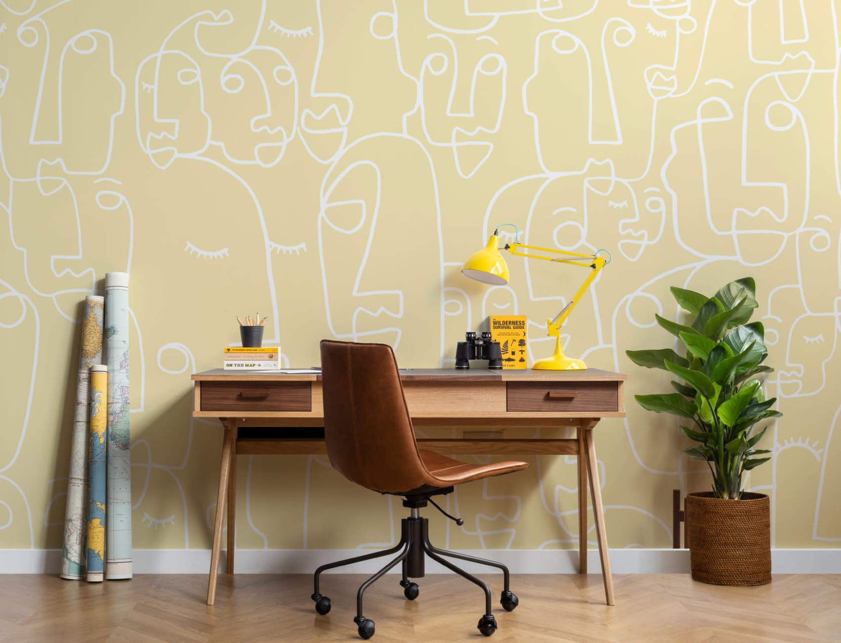 Large Yellow Face Line Drawing Wallpaper Mural