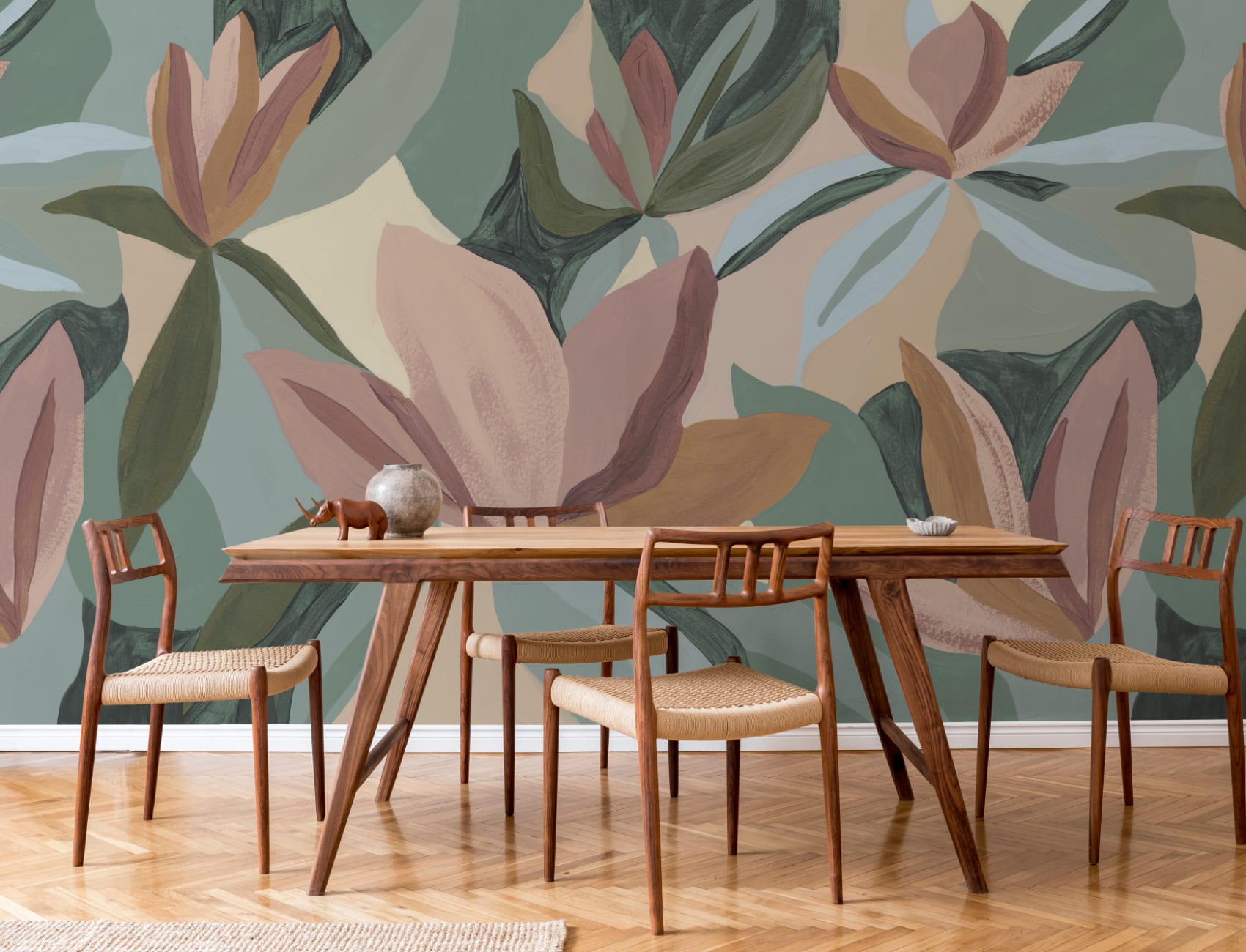 Veelkleurige moderne botanische bloemen natuur muurschildering