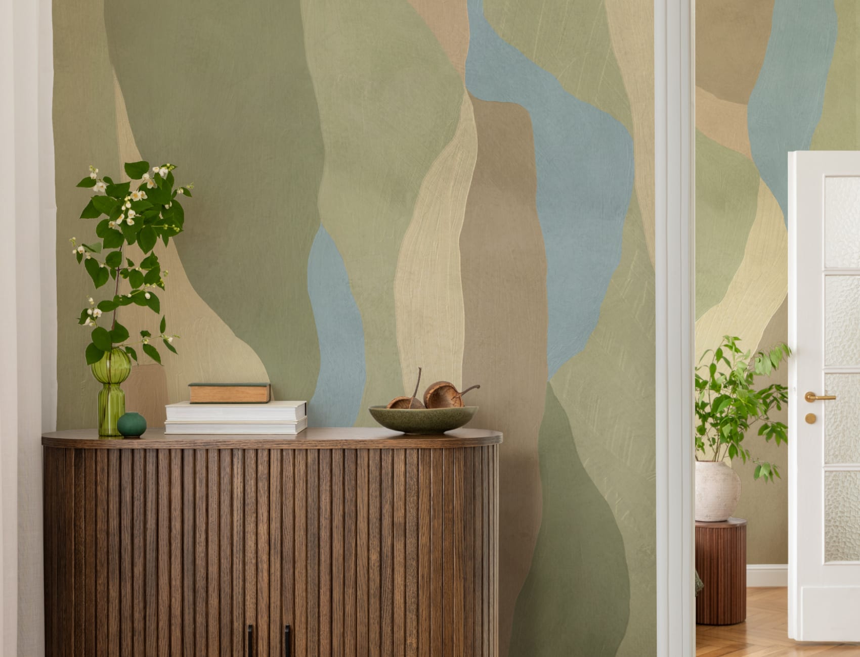 Green Abstract Modern Wall Mural With Calming Earthy Tones