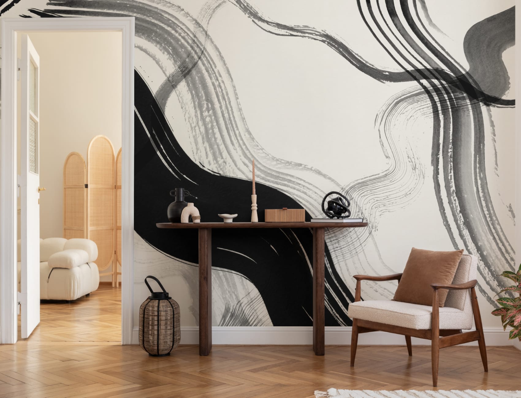 Black Abstract Ink Brush Strokes Mural