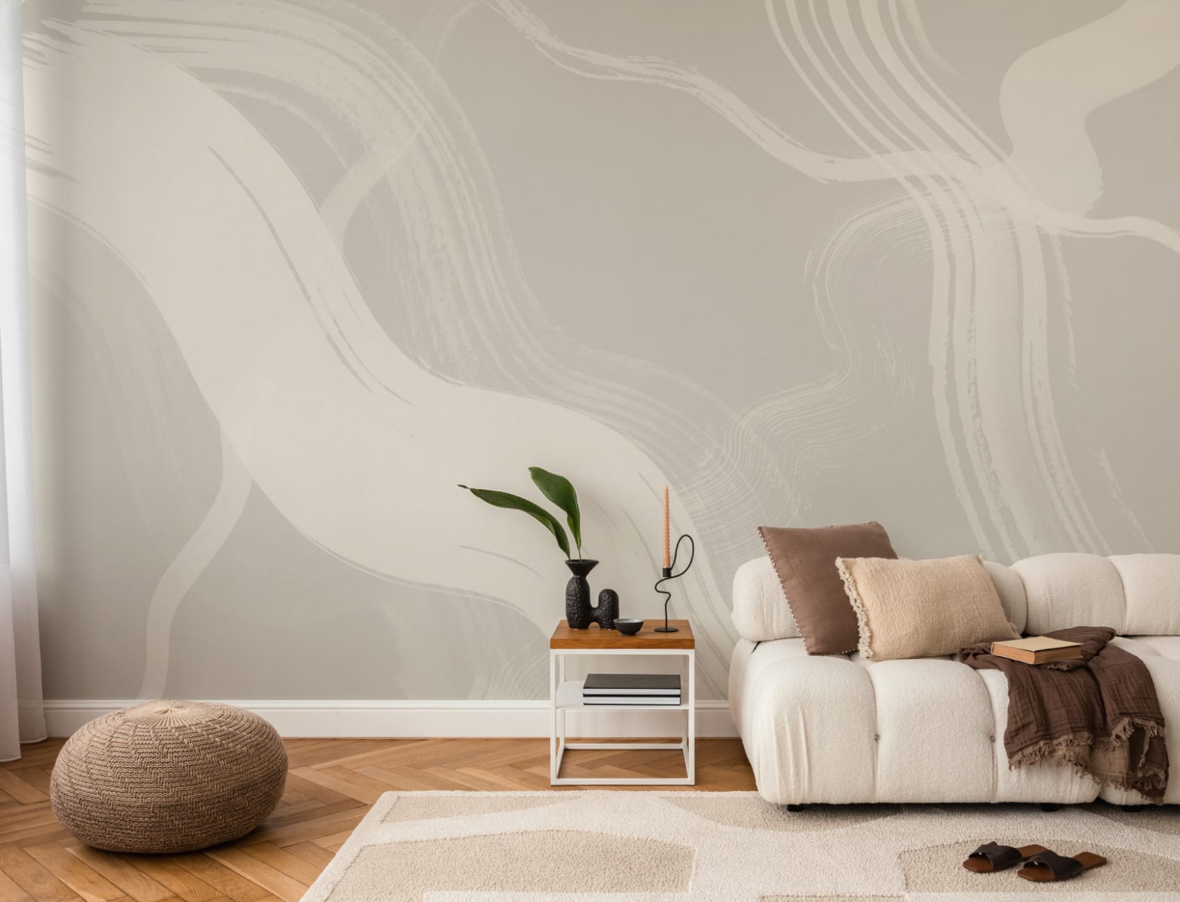 Carta da parati murale astratto beige con pennellate d'inchiostro