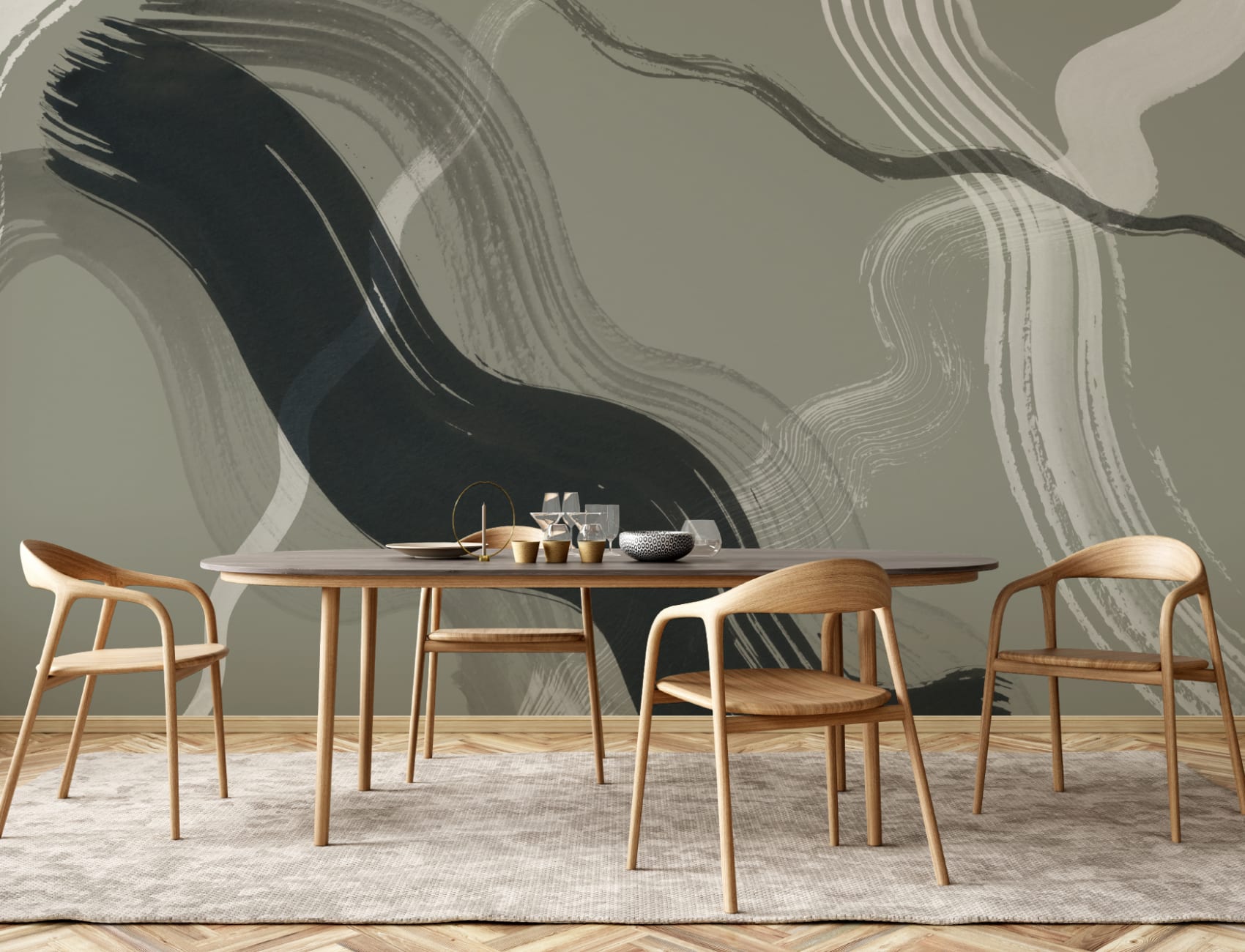 Dark Green Abstract Ink Brush Strokes Mural