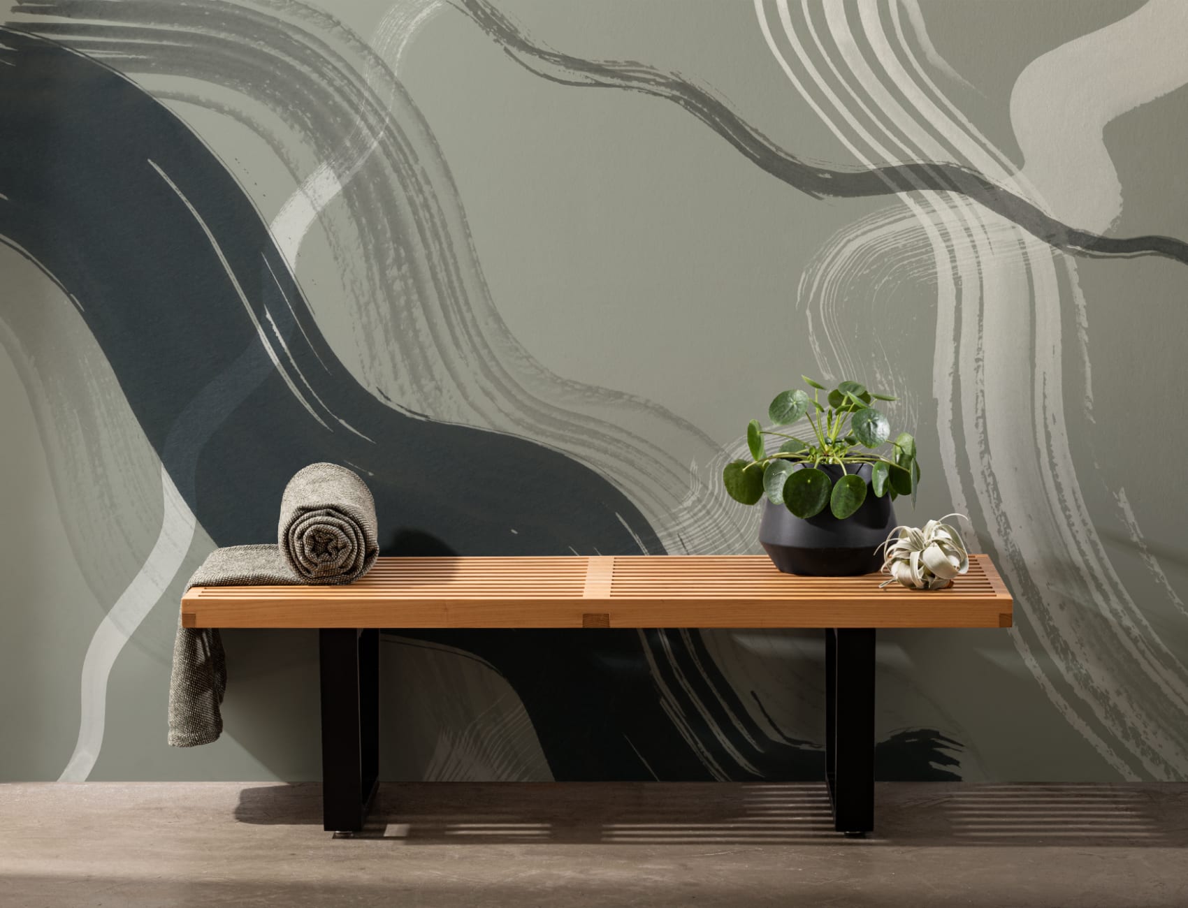 Dark Green Abstract Ink Brush Strokes Mural