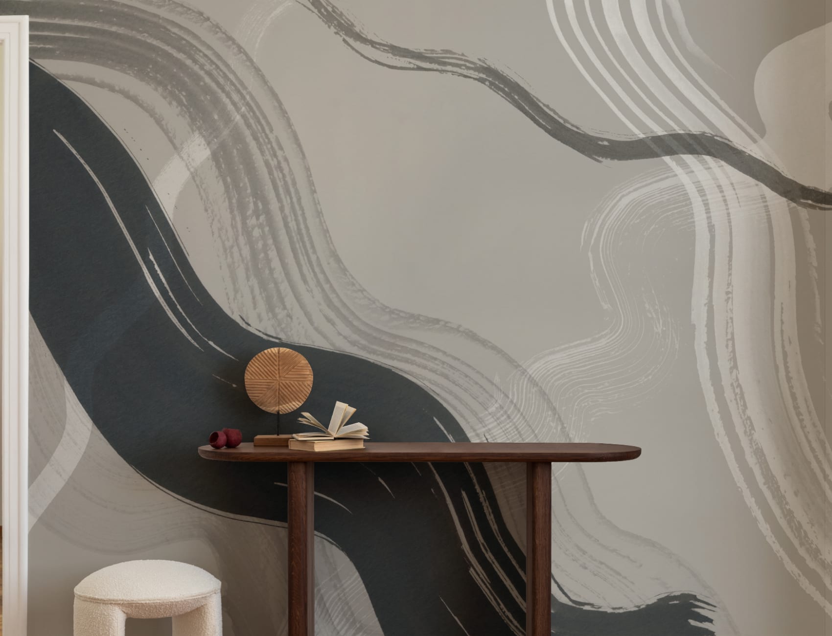 Taupe Abstract Ink Brush Strokes Mural