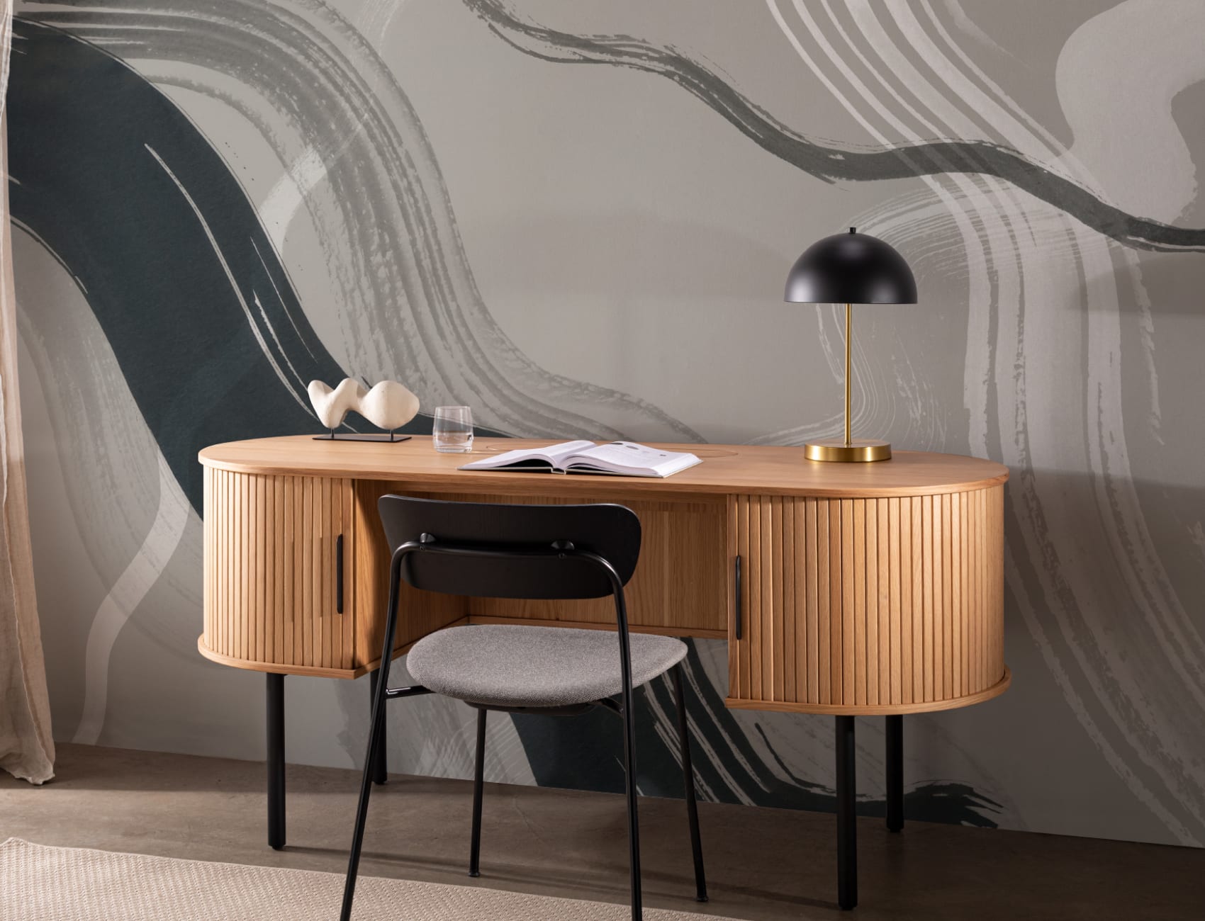 Taupe Abstract Ink Brush Strokes Mural