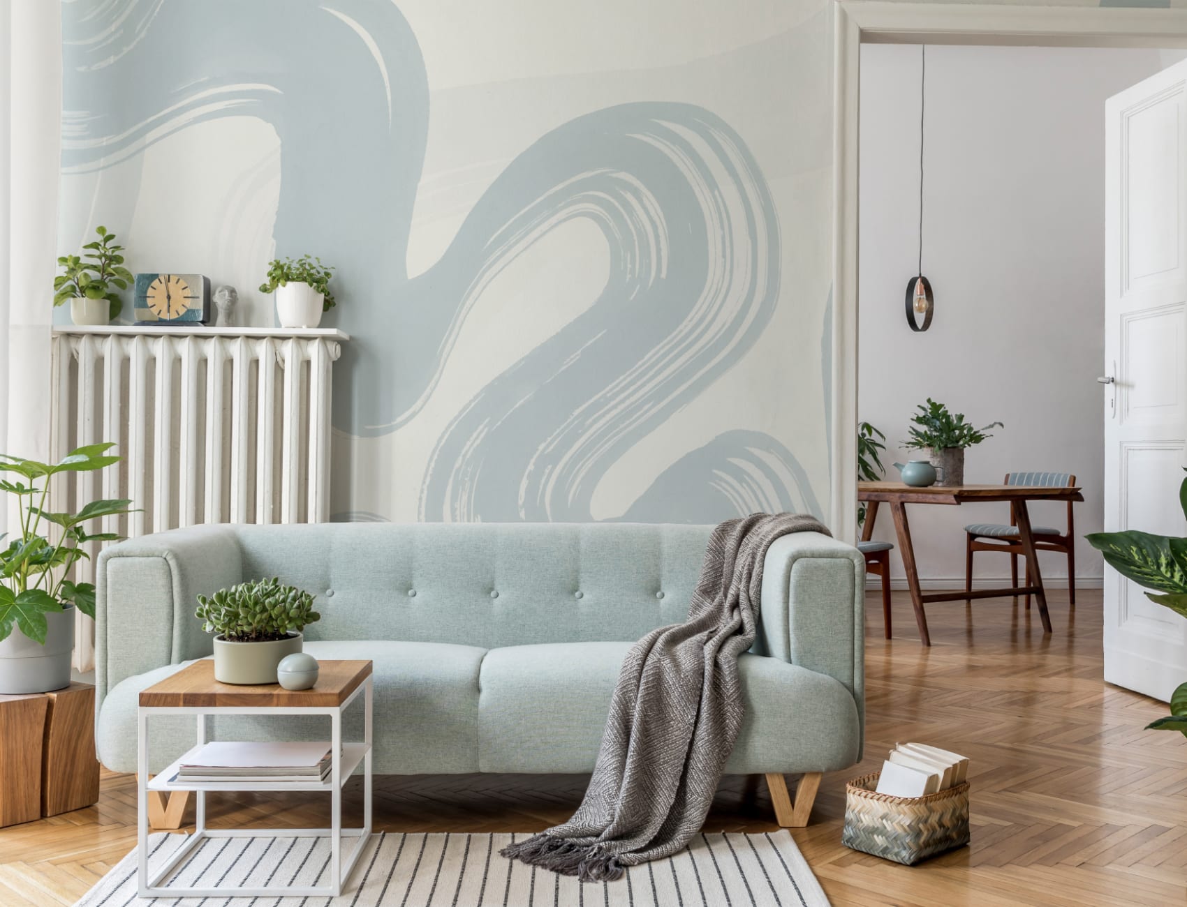 Blue Abstract Swirl Brush Strokes Mural
