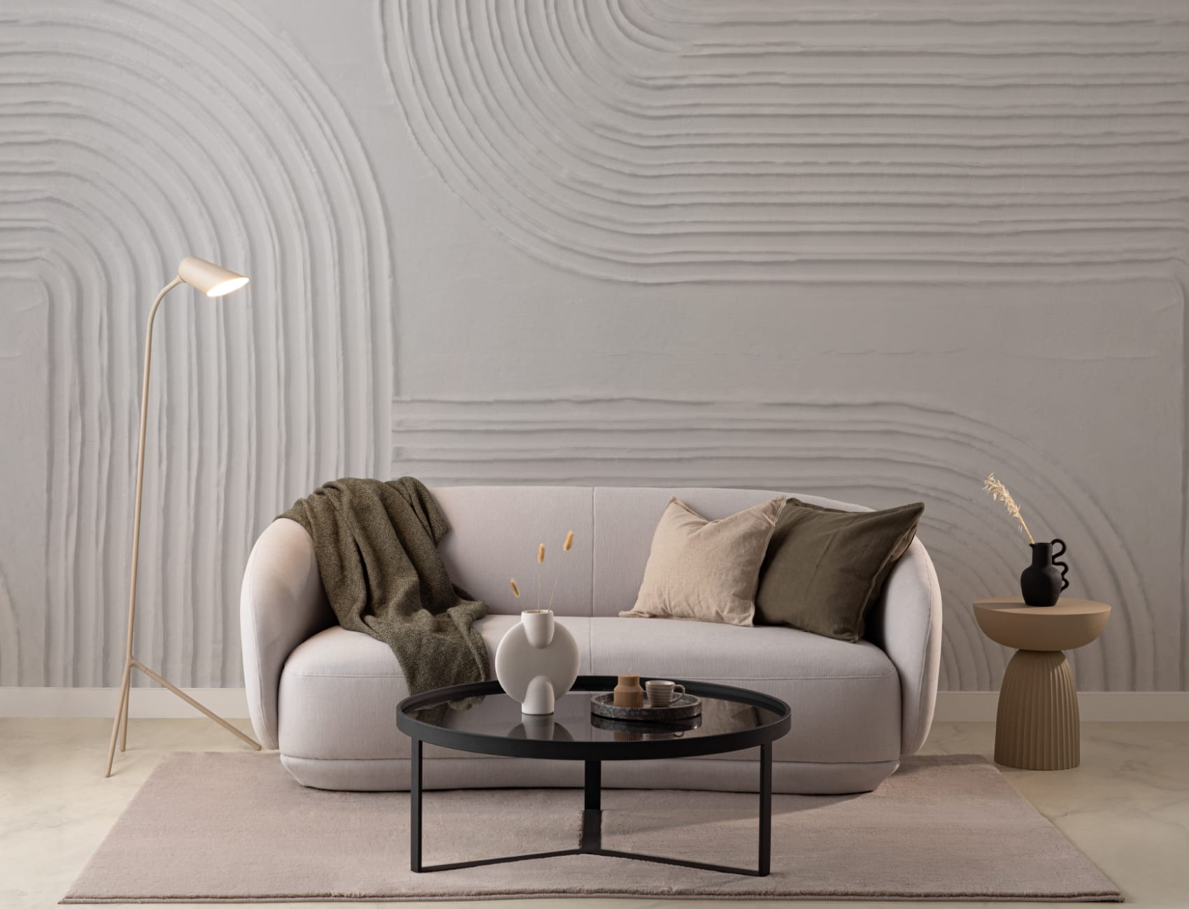 Beige skulpterad abstrakt böjda linjer mural-tapeter